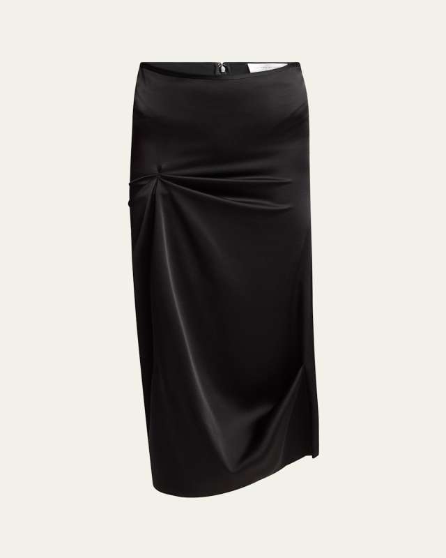 Draped Pleat Satin Midi Skirt